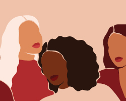  Illustration of four women with red lipstick. 